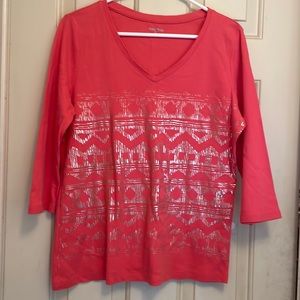 StudioWorks coral top with gold accents, knit long sleeves
